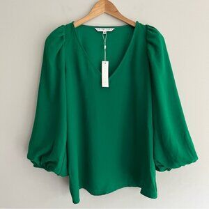 Trina Turk Vibrant Green Balloon Sleeves V-Neck Blouse Medium